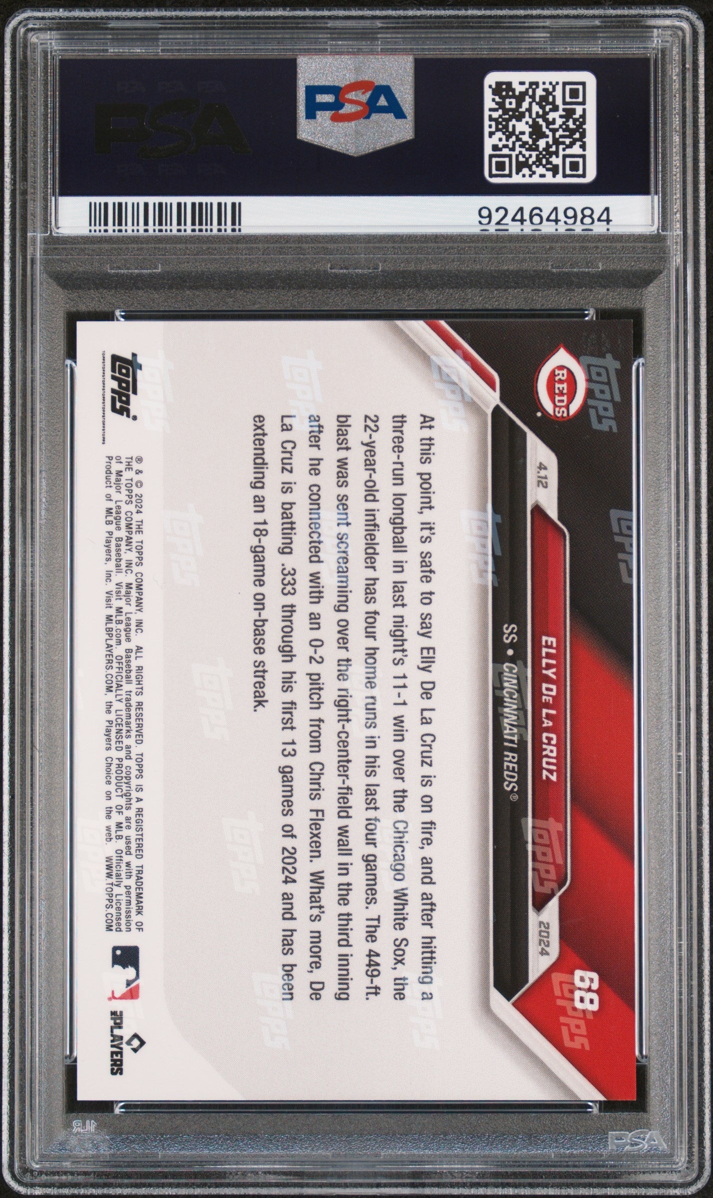 Graded 2024 Topps Now Elly De La Cruz #68 Rookie RC Baseball Card PSA 10 Gem Mint