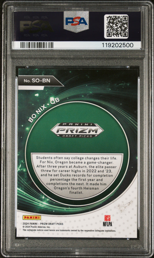Graded 2024 Panini Prizm Draft Picks Bo Nix #SOBN Student Orientation Rookie RC Football Card PSA 10 Gem Mint