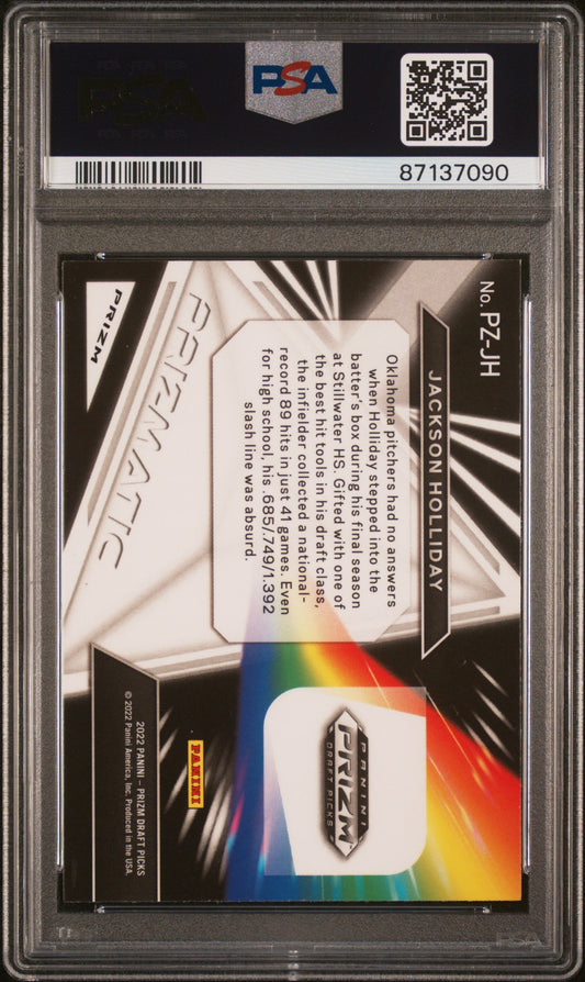 Graded 2022 Panini Prizm Draft Picks Jackson Holliday #PZJH Prizmatic Silver Prizm Rookie RC Baseball Card PSA 10 Gem Mint
