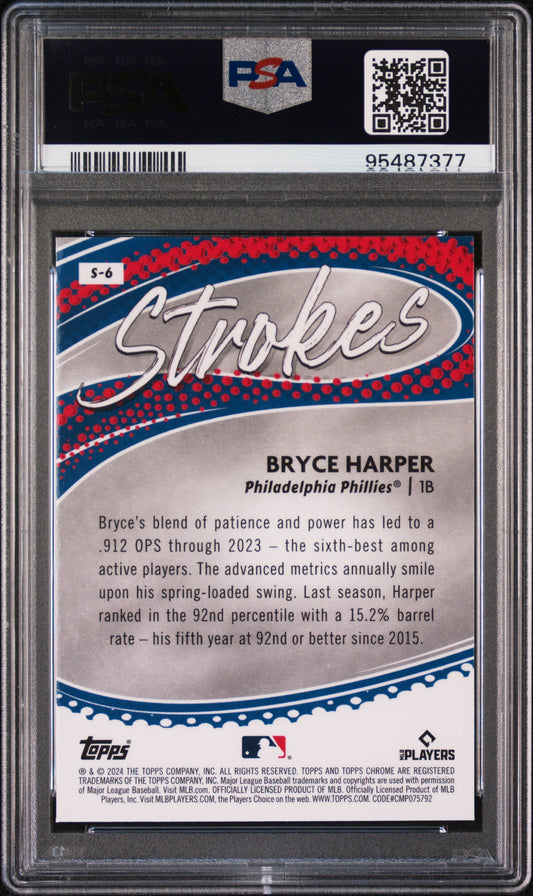 Graded 2024 Topps Chrome Bryce Harper #S6 Strokes Baseball Card PSA 10 Gem Mint