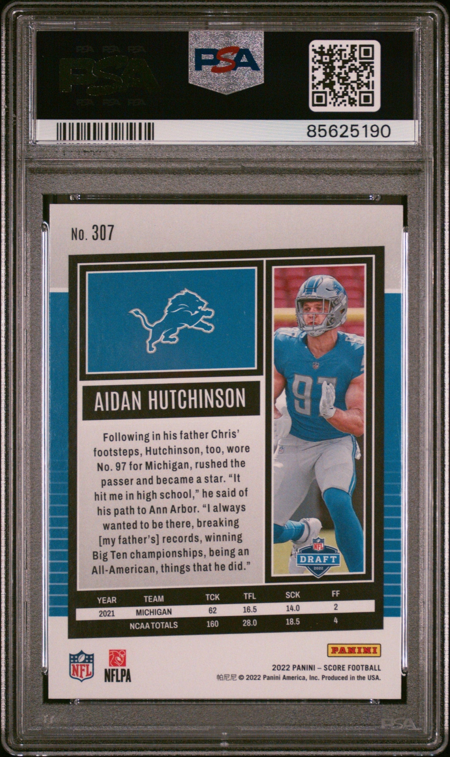 Graded 2022 Panini Score Aidan Hutchinson #307 Rookie RC Football Card PSA 10 Gem Mint