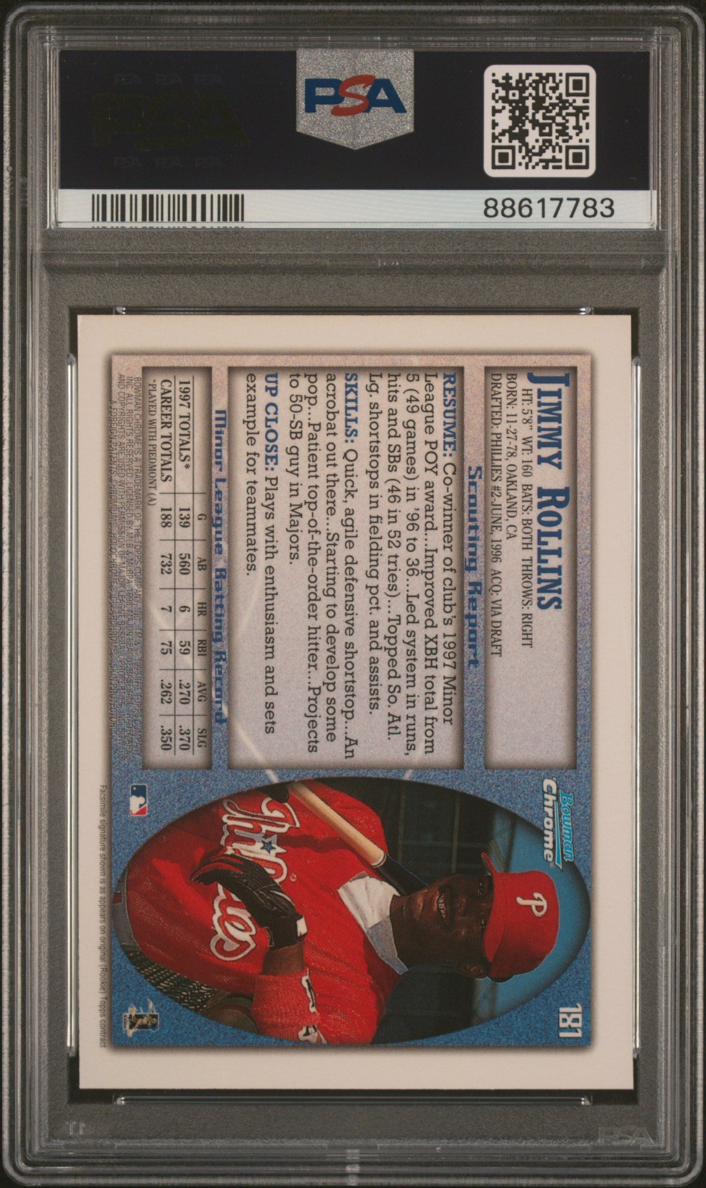 Graded 1998 Topps Bowman Chrome Jimmy Rollins #181 Rookie RC Baseball Card PSA 10 Gem Mint