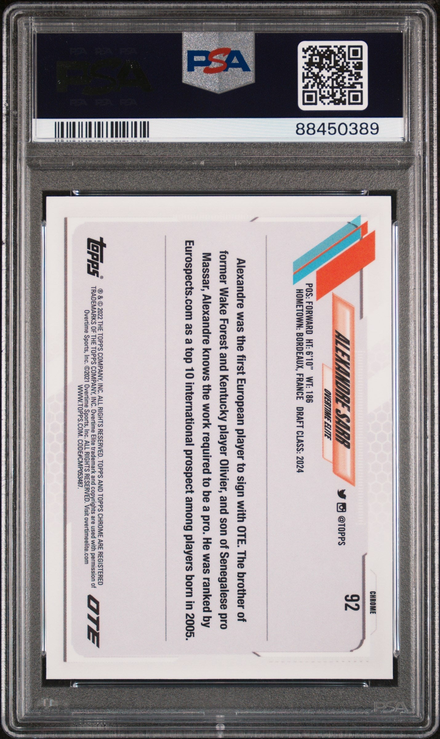 Graded 2021 Topps Chrome Alexandre Sarr #92 Overtime Elite Rookie RC Basketball Card PSA 10 Gem Mint