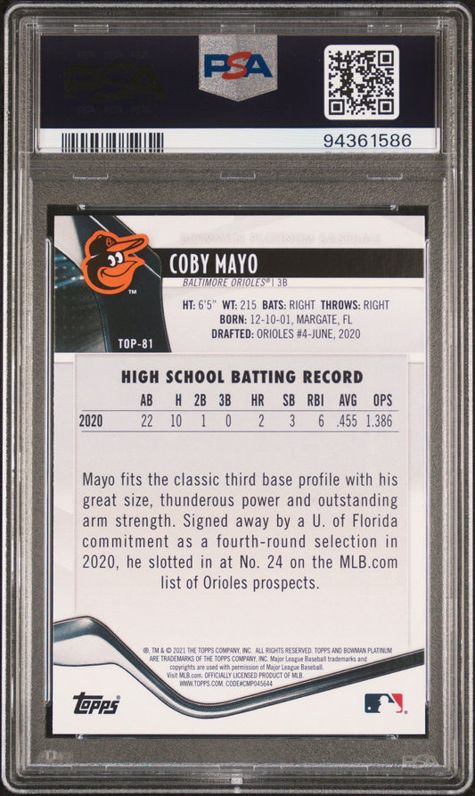 Graded 2021 Topps Bowman Platinum Coby Mayo #TOP81 Top Prospects Rookie RC Baseball Card PSA 10 Gem Mint