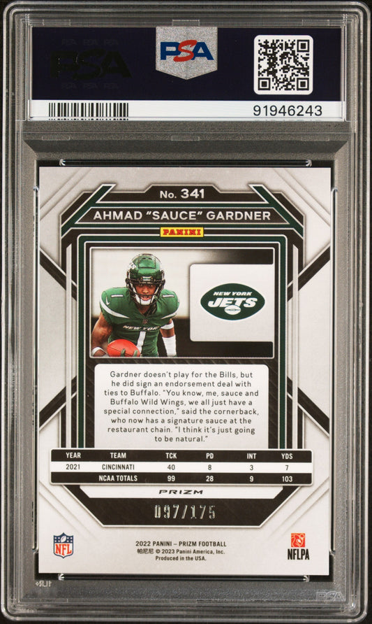 Graded 2022 Panini Prizm Ahmad Gardner #341 Hyper Prizm #/175 Rookie RC Football Card PSA 10 Gem Mint