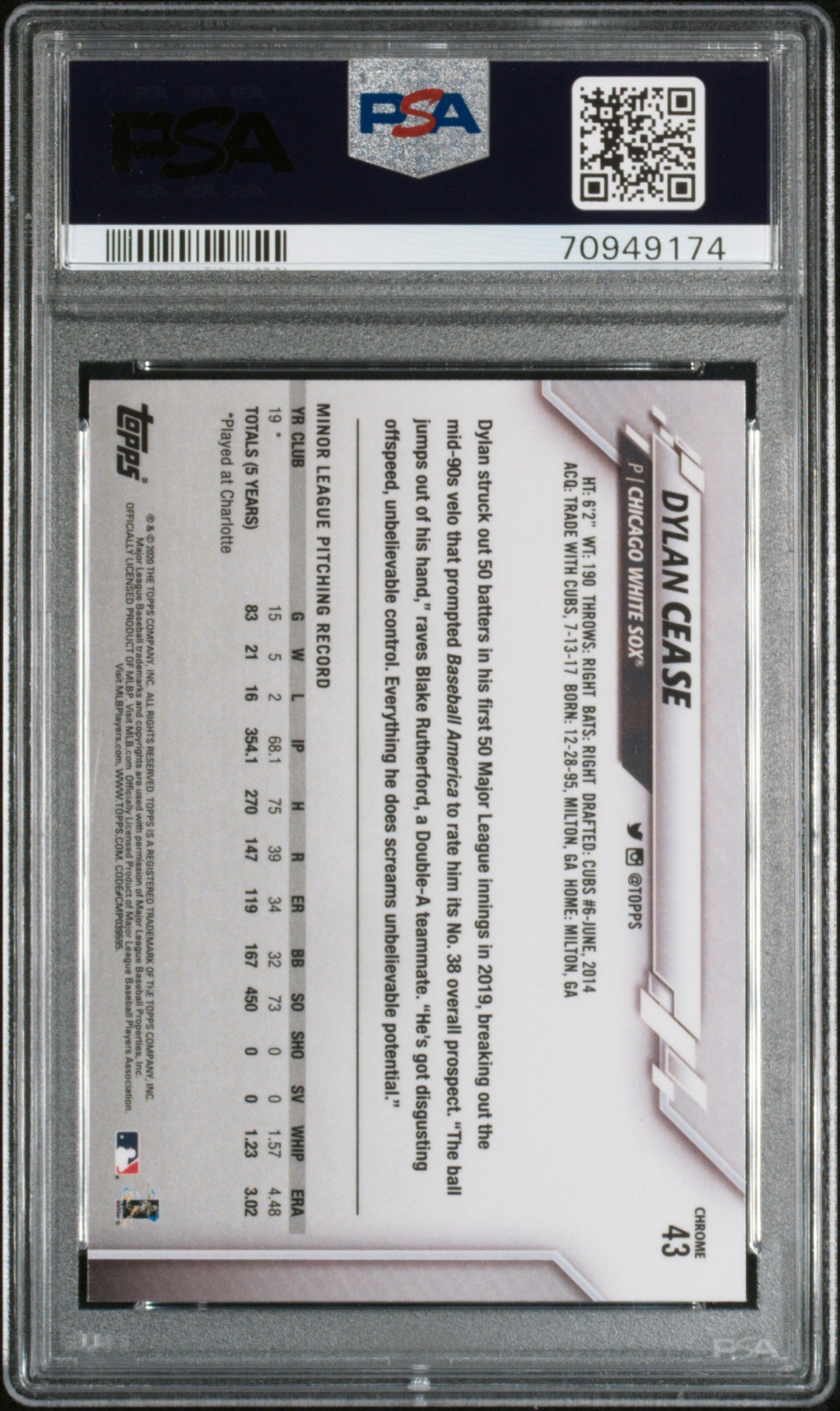 Graded 2020 Topps Chrome Dylan Cease #43 Rookie RC Baseball Card PSA 10 Gem Mint