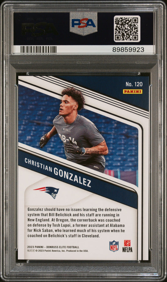 Graded 2023 Panini Donruss Elite Christian Gonzalez #120 Status Explosion #/625 Rookie RC Football Card PSA 10 Gem Mint