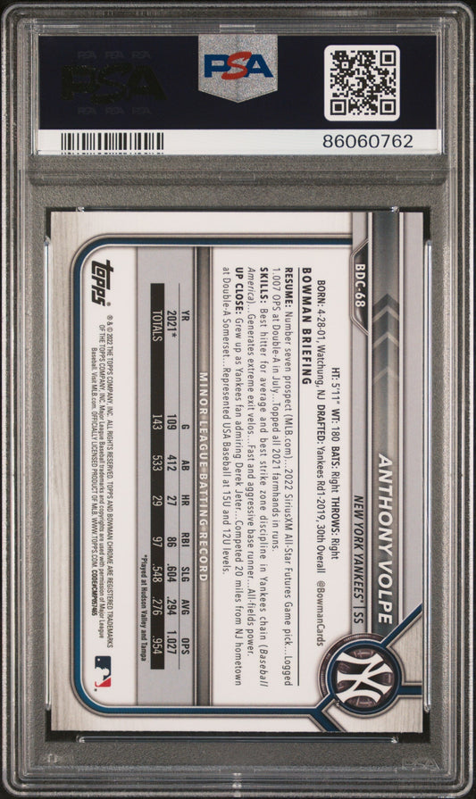Graded 2022 Topps Bowman Draft S/E Anthony Volpe #BDC68 Rookie RC Baseball Card PSA 10 Gem Mint
