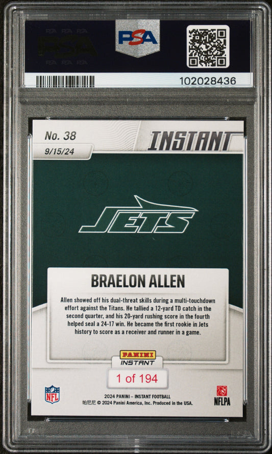 Graded 2024 Panini Instant NFL Braelon Allen #38 Rookie RC Football Card PSA 10 Gem Mint