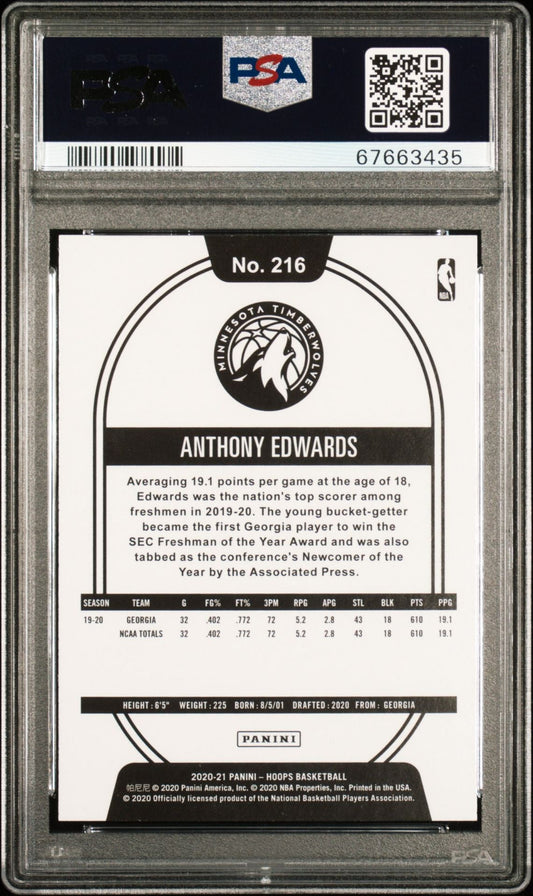 Graded 2020-21 Panini Hoops Anthony Edwards #216 Purple Rookie RC Basketball Card PSA 10 Gem Mint