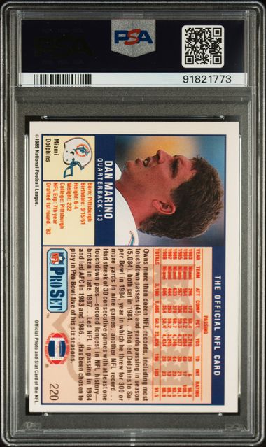 Graded 1989 Pro Set Dan Marino #220 Football Card PSA 10 Gem Mint