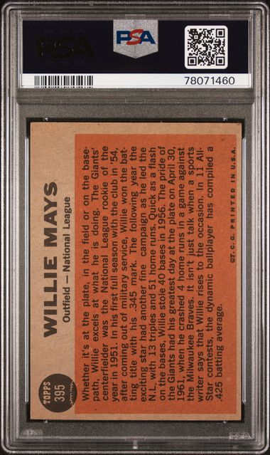 Graded 1962 Topps All Star Willie Mays #395 Baseball Card PSA 6 EX-MT