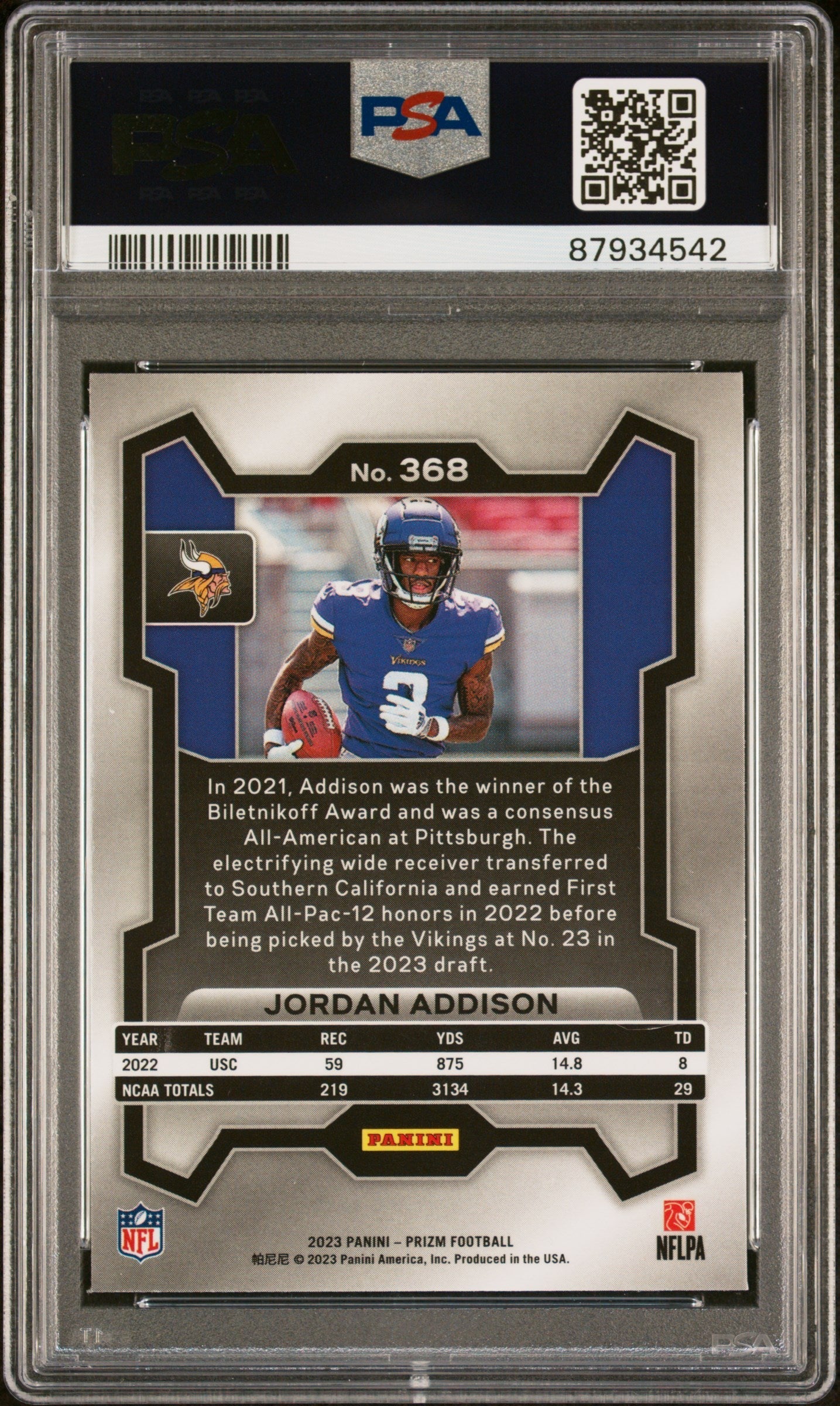 Graded 2023 Panini Prizm Jordan Addison #368 Rookie RC Football Card PSA 10 Gem Mint