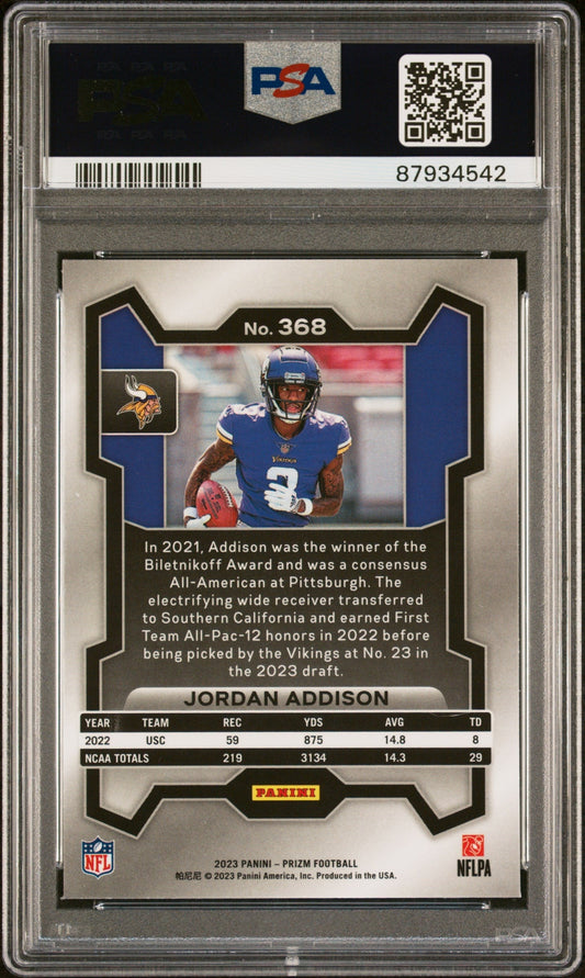 Graded 2023 Panini Prizm Jordan Addison #368 Rookie RC Football Card PSA 10 Gem Mint