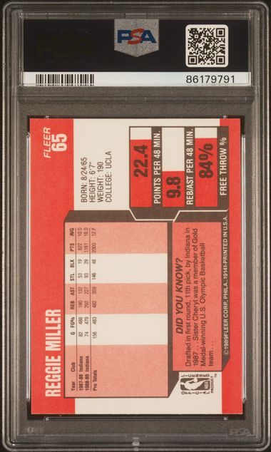 Graded 1989 Fleer Reggie Miller #65 2nd Year Basketball Card PSA 9 Mint