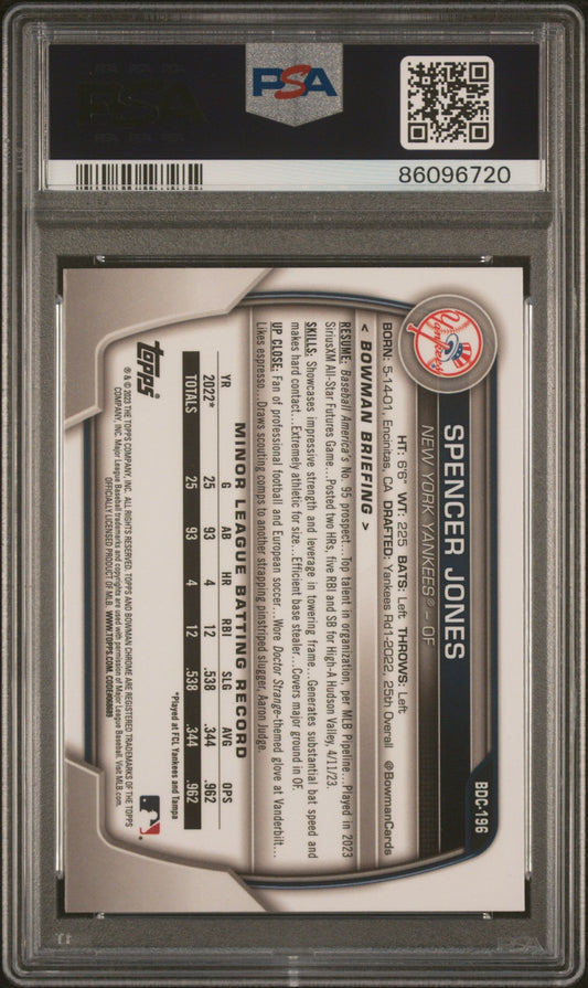 Graded 2023 Topps Bowman Draft Spencer Jones #BDC196 Chrome Rookie RC Baseball Card PSA 10 Gem Mint