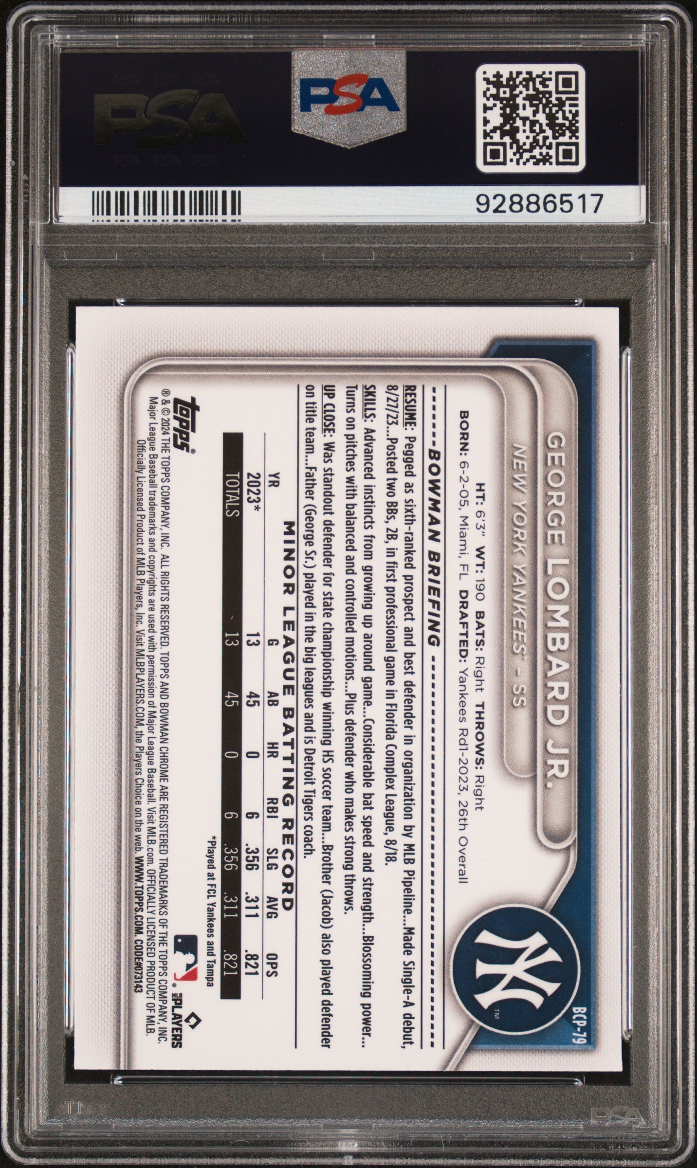 Graded 2024 Topps Bowman George Lombard Jr #BCP79 Chrome Prospects Rookie RC Baseball Card PSA 10 Gem Mint
