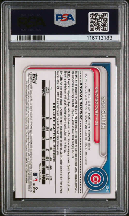 Graded 2024 Topps Bowman Draft Cam Smith #BDC67 Chrome Rookie RC Baseball Card PSA 10 Gem Mint