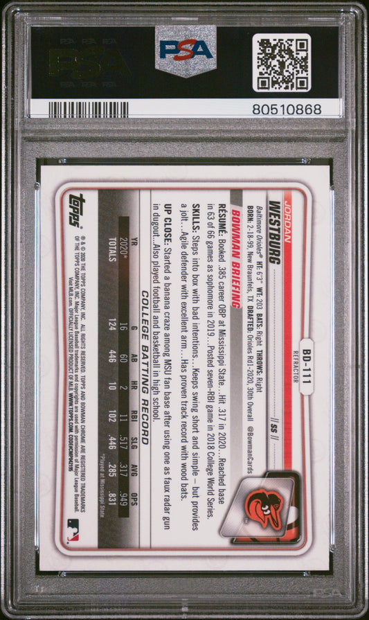 Graded 2020 Topps Bowman Draft Jordan Westburg #BD111 Chrome Refractor Rookie RC Baseball Card PSA 10 Gem Mint