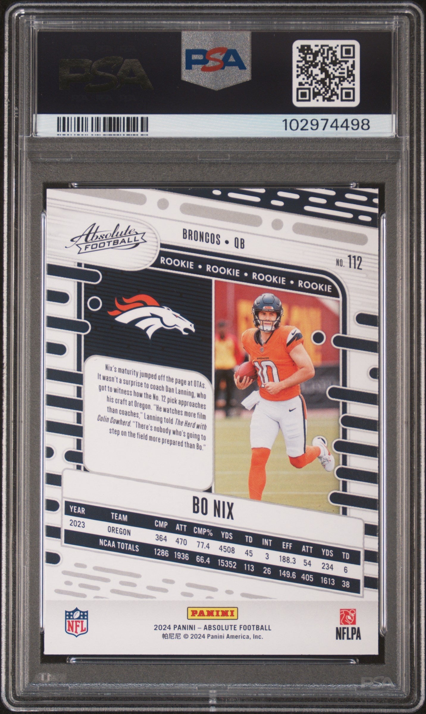 Graded 2024 Panini Absolute Bo Nix #112 Rookie RC Football Card PSA 10 Gem Mint