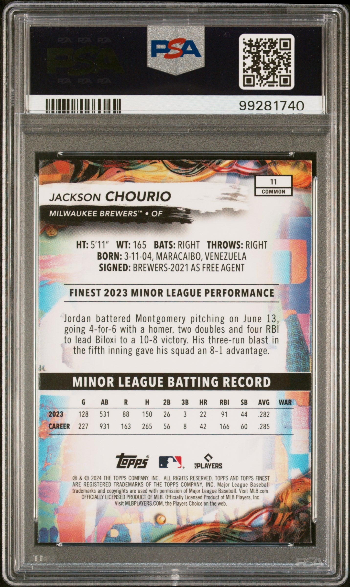 Graded 2024 Topps Finest Jackson Chourio #11 Rookie RC Baseball Card PSA 10 Gem Mint