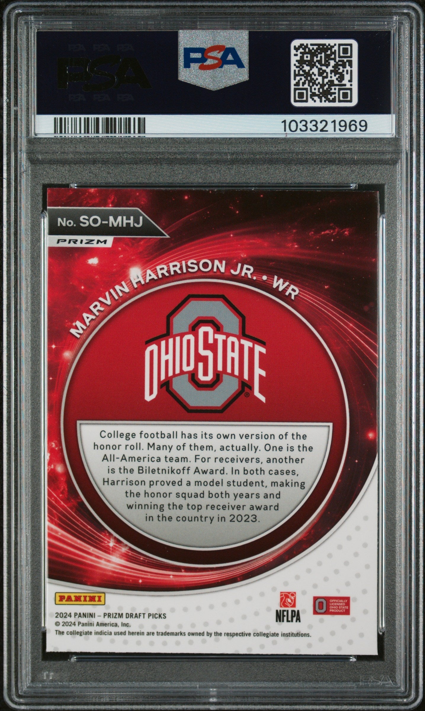 Graded 2024 Panini Prizm Draft Picks Marvin Harrison Jr #SOMHJ Student Orientation Red Ice Rookie RC Football Card PSA 10 Gem Mint