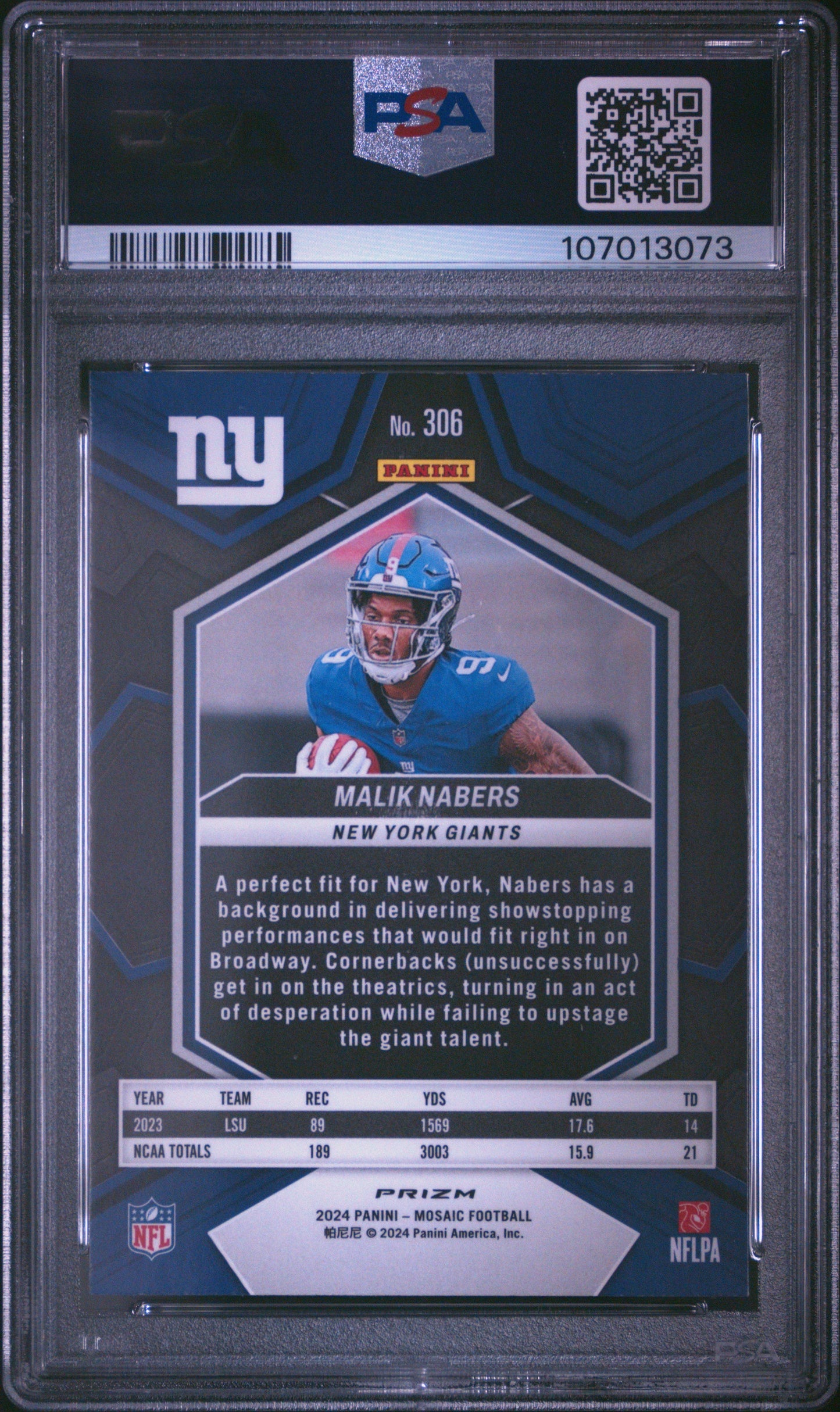 Graded 2024 Panini Mosaic Malik Nabers #306 Green Rookie RC Football Card PSA 10 Gem Mint