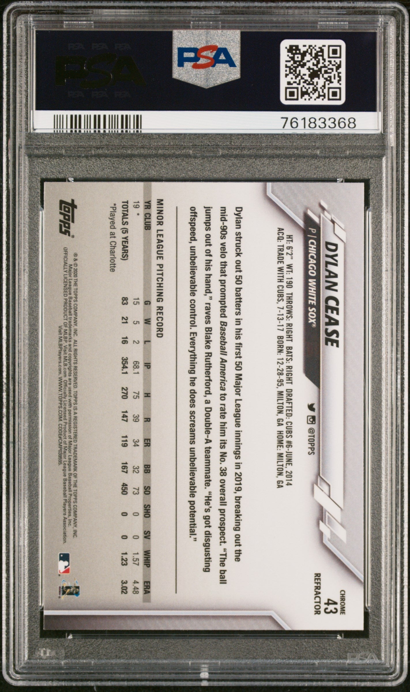 Graded 2020 Topps Chrome Dylan Cease #43 Refractor Rookie RC Baseball Card PSA 10 Gem Mint