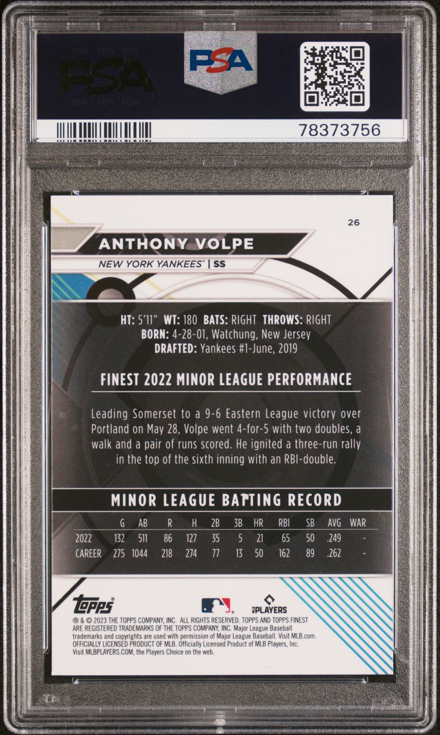 Graded 2023 Topps Finest Anthony Volpe #26 Rookie RC Baseball Card PSA 10 Gem Mint