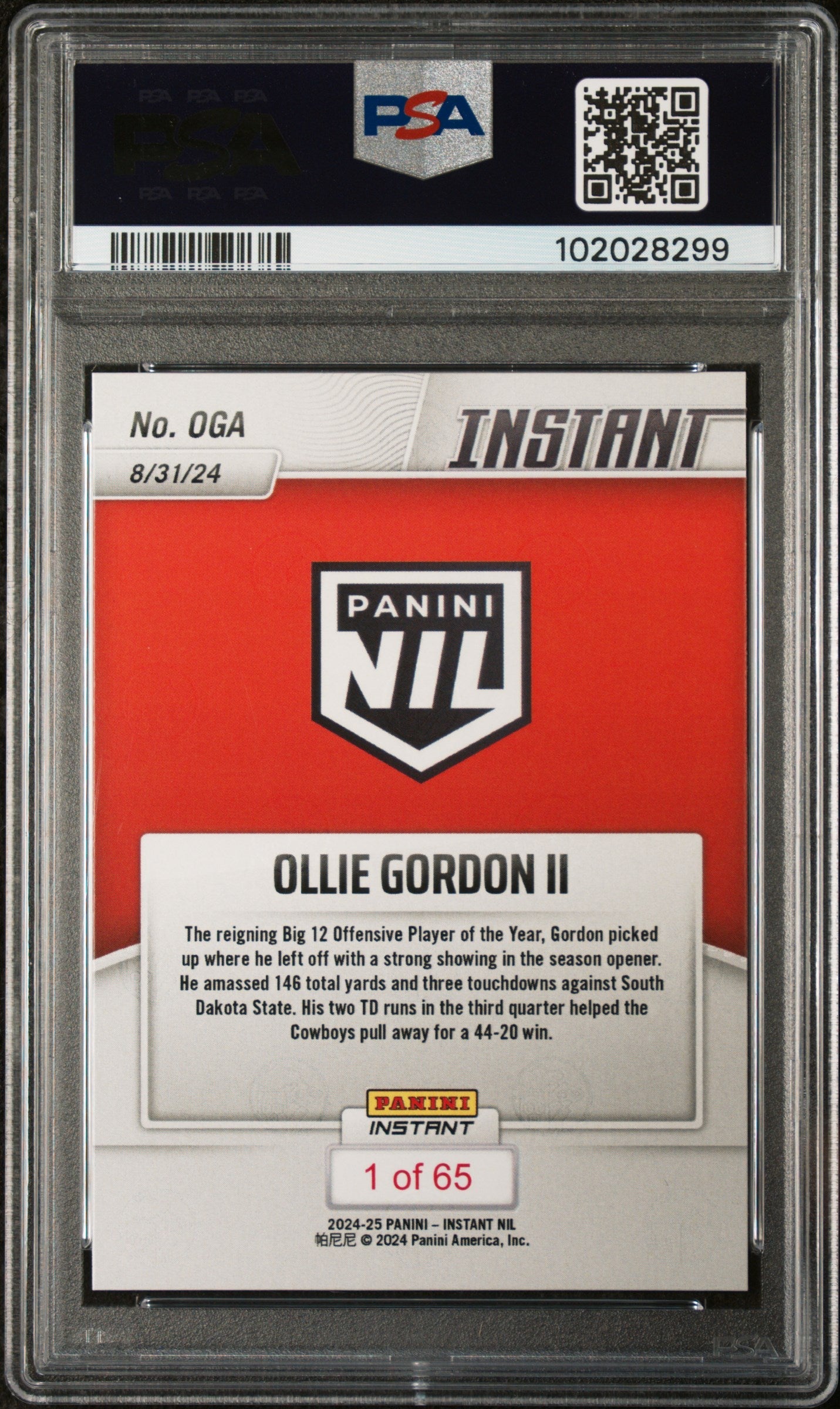 Graded 2024 Panini Instant NIL Ollie Gordon II #OGA Rookie RC Football Card PSA 10 Gem Mint
