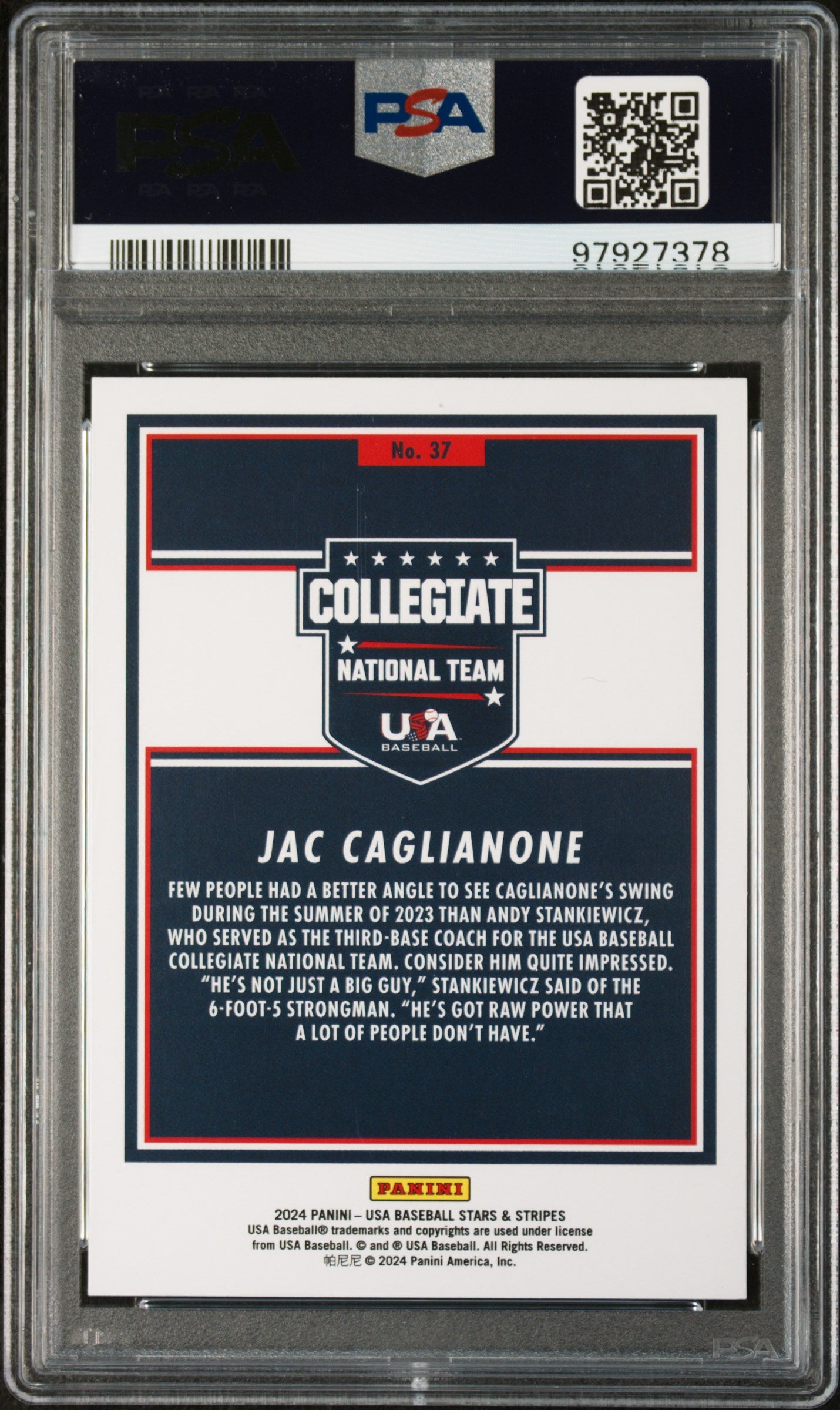 Graded 2024 Panini Stars & Stripes USA Jac Caglianone #37 Opening Day Rookie RC Baseball Card PSA 10 Gem Mint