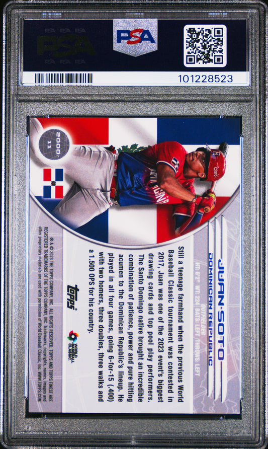 Graded 2023 Topps Finest Juan Soto #11 '00 Worlds Finest Gold Mini Diamond #/50 Baseball Card PSA 10 Gem Mint