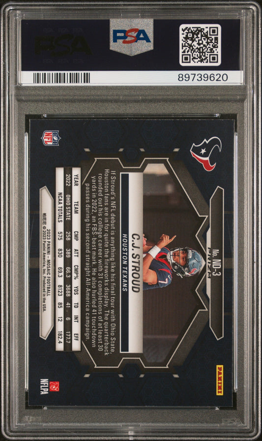 Graded 2023 Panini Mosaic CJ Stroud #ND3 NFL Debut Reactive Blue Rookie RC Football Card PSA 10 Gem Mint