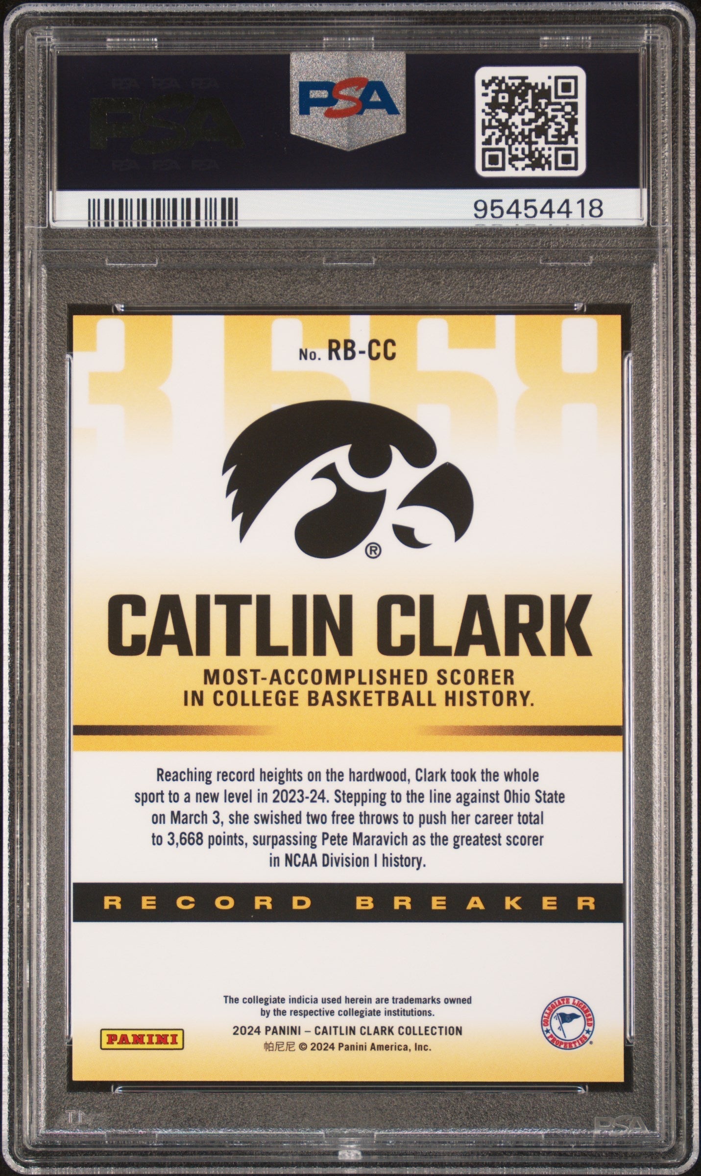 Graded 2024 Panini Caitlin Clark Collection Caitlin Clark #RBCC Record Breaker Rookie RC Basketball Card PSA 10 Gem Mint