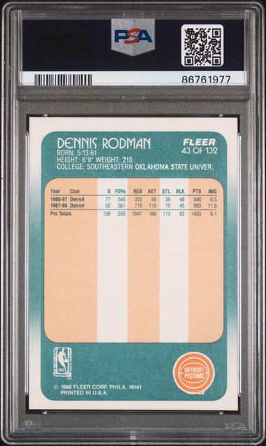 Graded 1988 Fleer Dennis Rodman #43 Rookie RC Basketball Card PSA 9 Mint