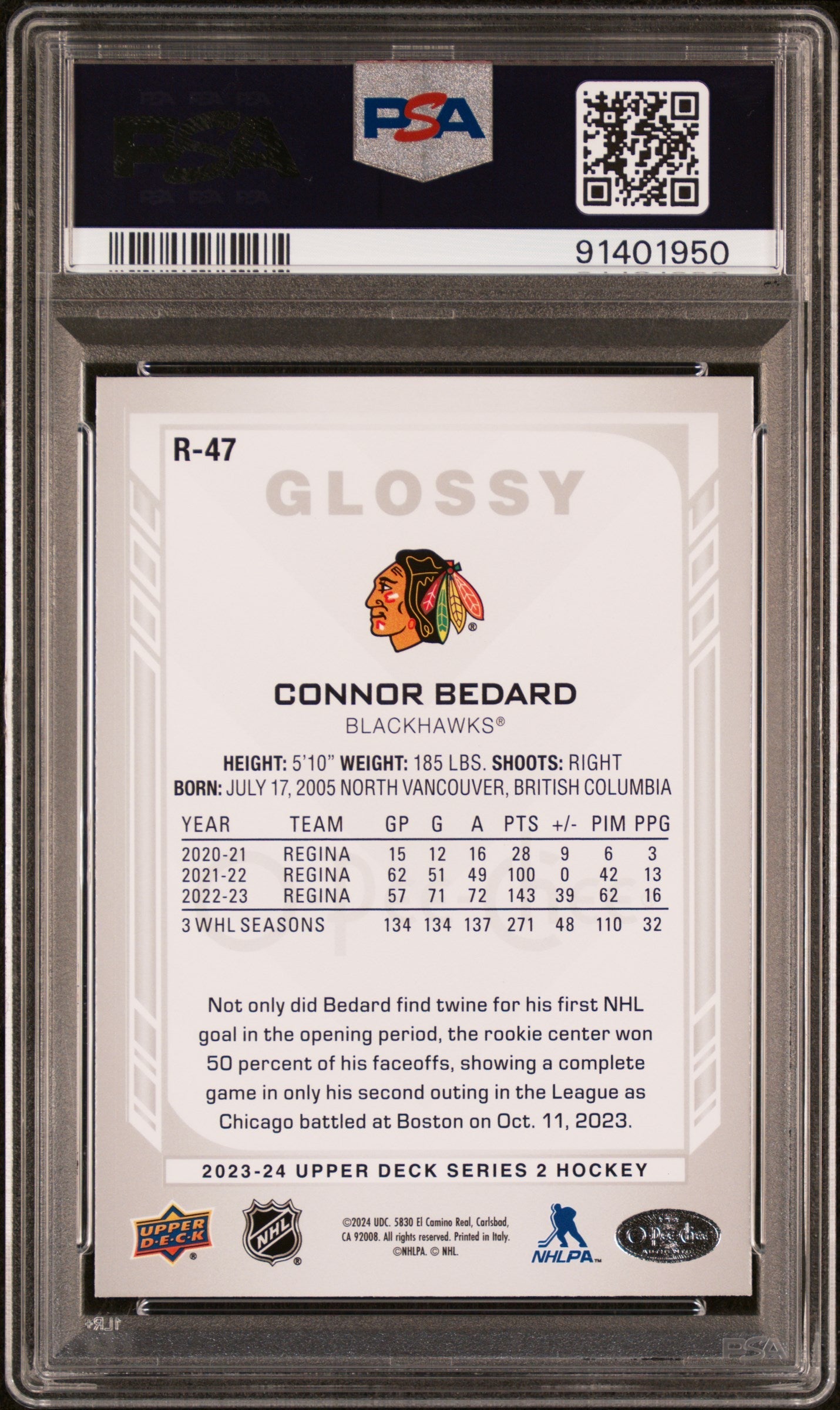 Graded 2023 Upper Deck Connor Bedard #R47 OPC Glossy Rookie RC Hockey Card PSA 10 Gem Mint