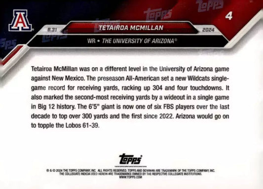 2024 Topps Bowman U Now Tetairoa McMillan #4 Purple #/25 Arizona Wildcats Football Card