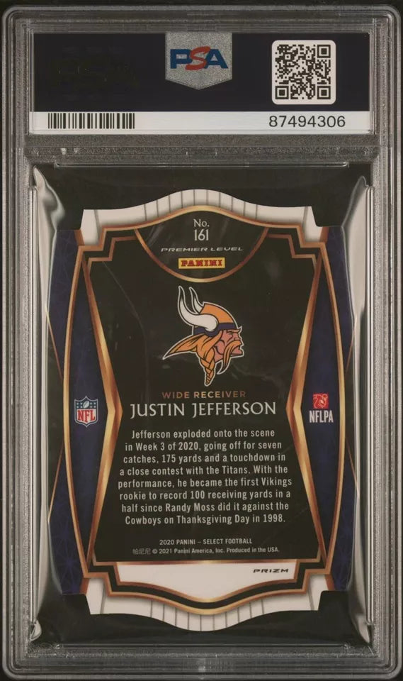 Graded 2020 Panini Select Justin Jefferson #161 Die Cut Purple Prizm Rookie RC Football Card PSA 10 Gem Mint