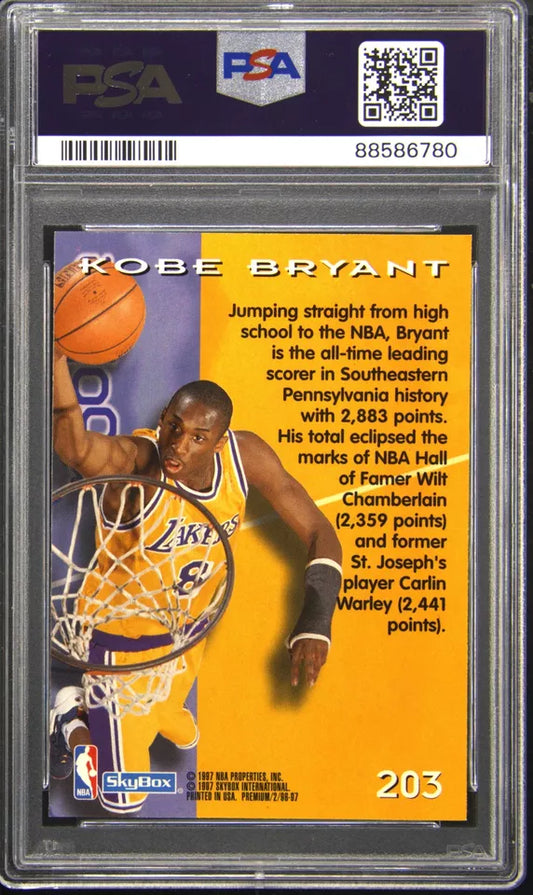 Graded 1996 Skybox Premium Kobe Bryant #203 Rookie RC Basketball Card PSA 10 Gem Mint