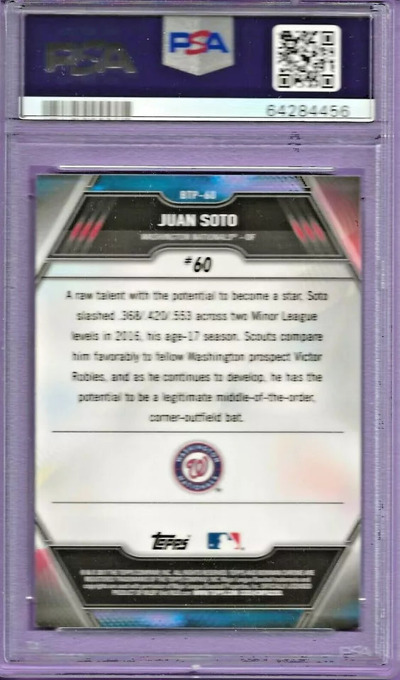 Graded 2017 Topps Bowman Juan Soto #BTP60 Scouts Top 100 Rookie RC Baseball Card PSA 10 Gem Mint