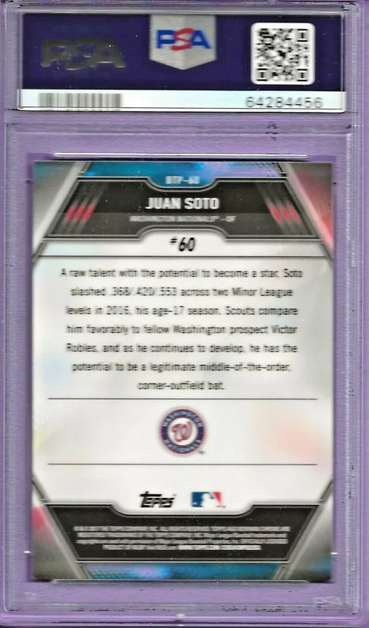 Graded 2017 Topps Bowman Juan Soto #BTP60 Scouts Top 100 Rookie RC Baseball Card PSA 10 Gem Mint