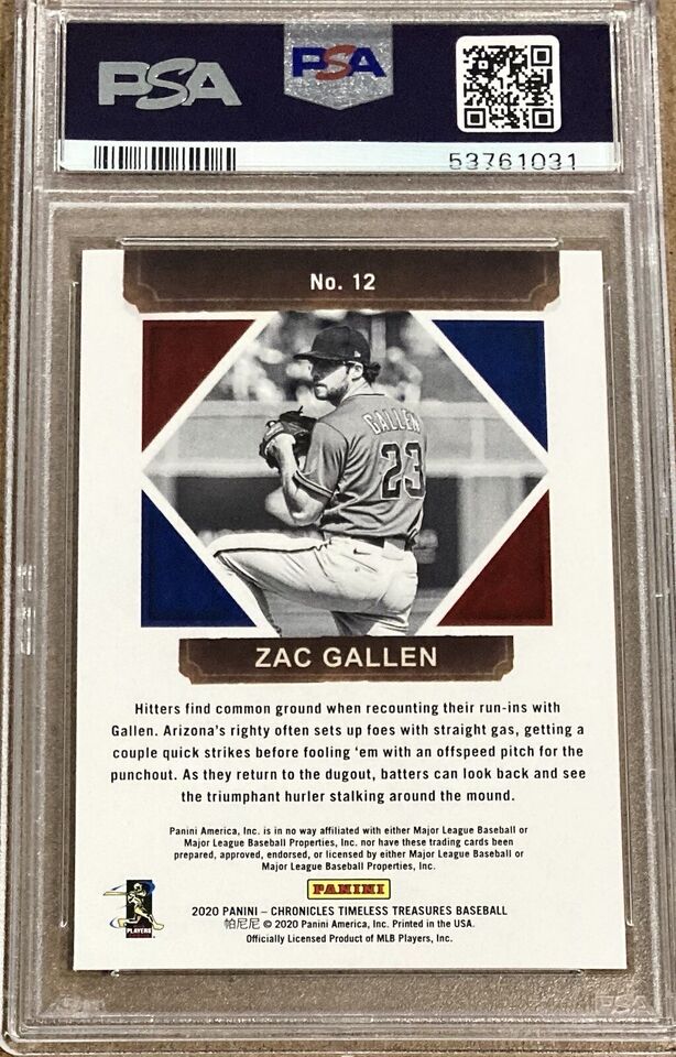 Graded 2020 Panini Chronicles Zac Gallen #12 Timeless Treasures Rookie RC Baseball Card PSA 10 Gem Mint