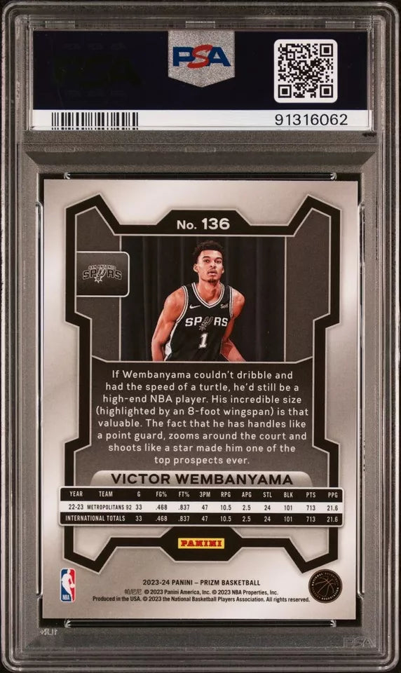 Graded 2023 Panini Prizm Victor Wembanyama #136 Rookie RC Basketball Card PSA 9 Mint