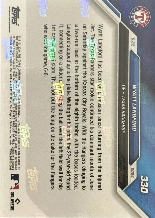 2024 Topps Now Wyatt Langford #330 Blue #/49 Rookie RC Baseball Card