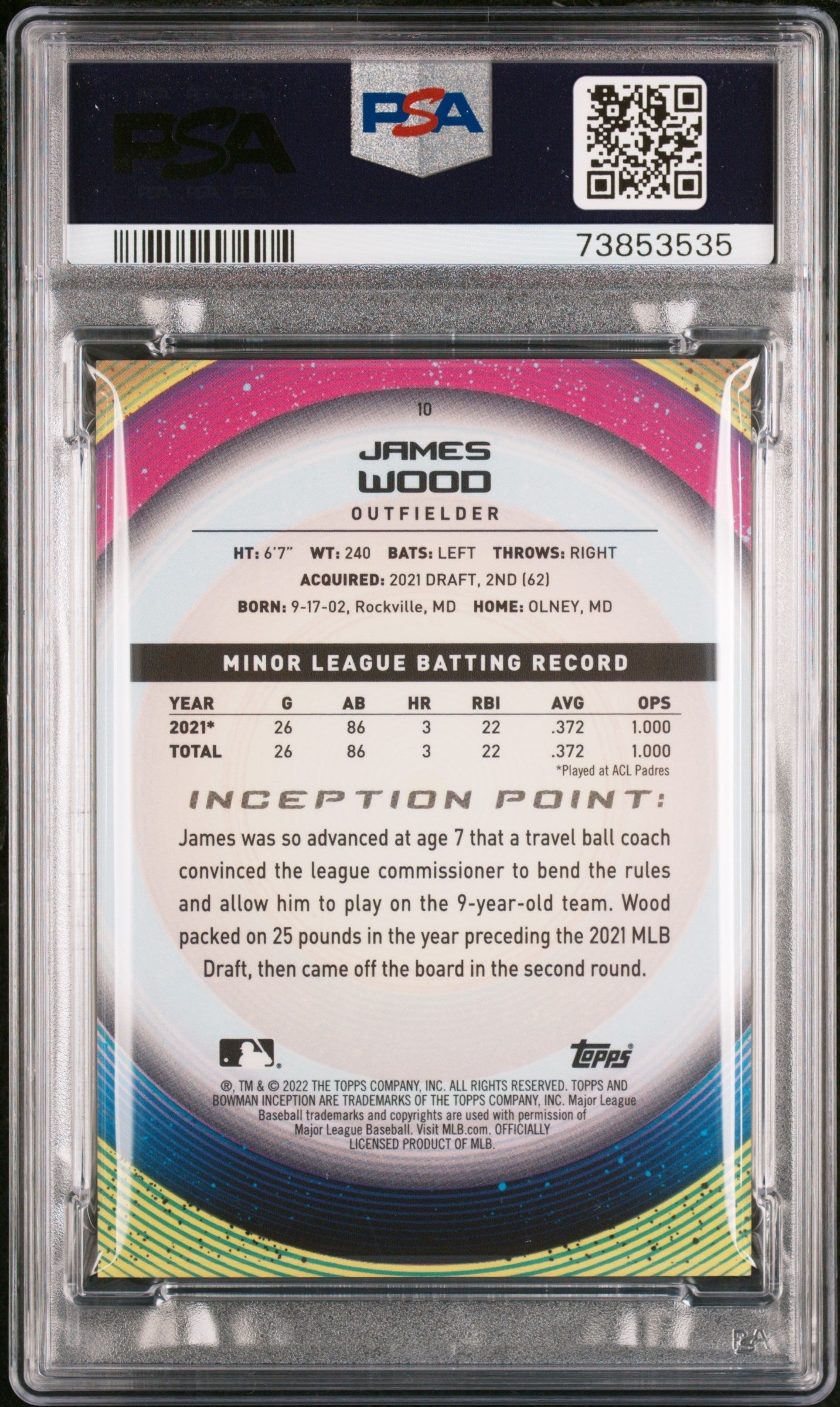 Graded 2022 Topps Bowman Inception James Wood #10 Rookie RC Baseball Card PSA 10 Gem Mint