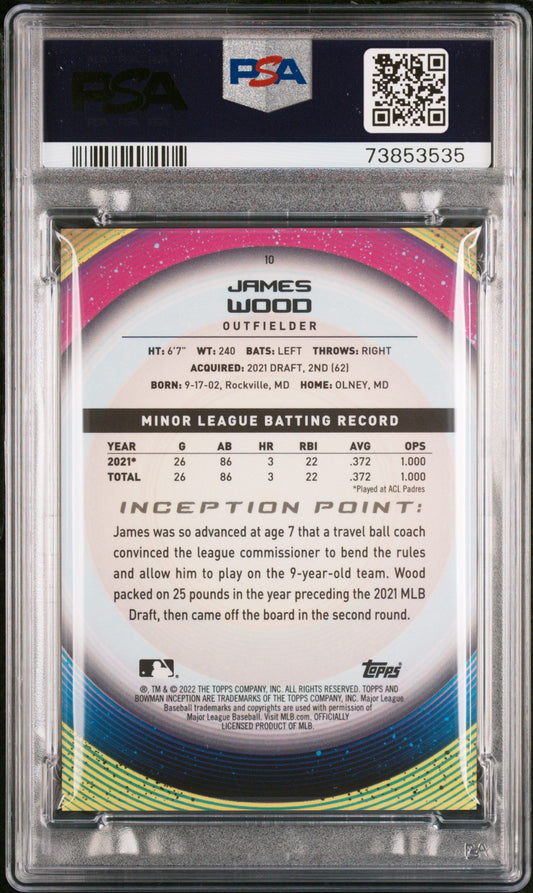 Graded 2022 Topps Bowman Inception James Wood #10 Rookie RC Baseball Card PSA 10 Gem Mint