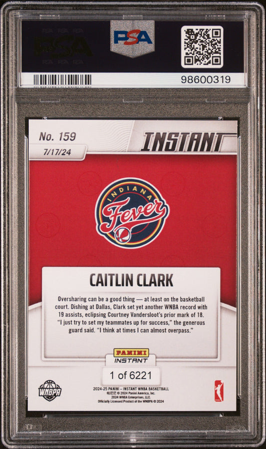 Graded 2024 Panini Instant WNBA Caitlin Clark #159 Sets Single Game Assists Record Rookie RC Basketball Card PSA 10 Gem Mint