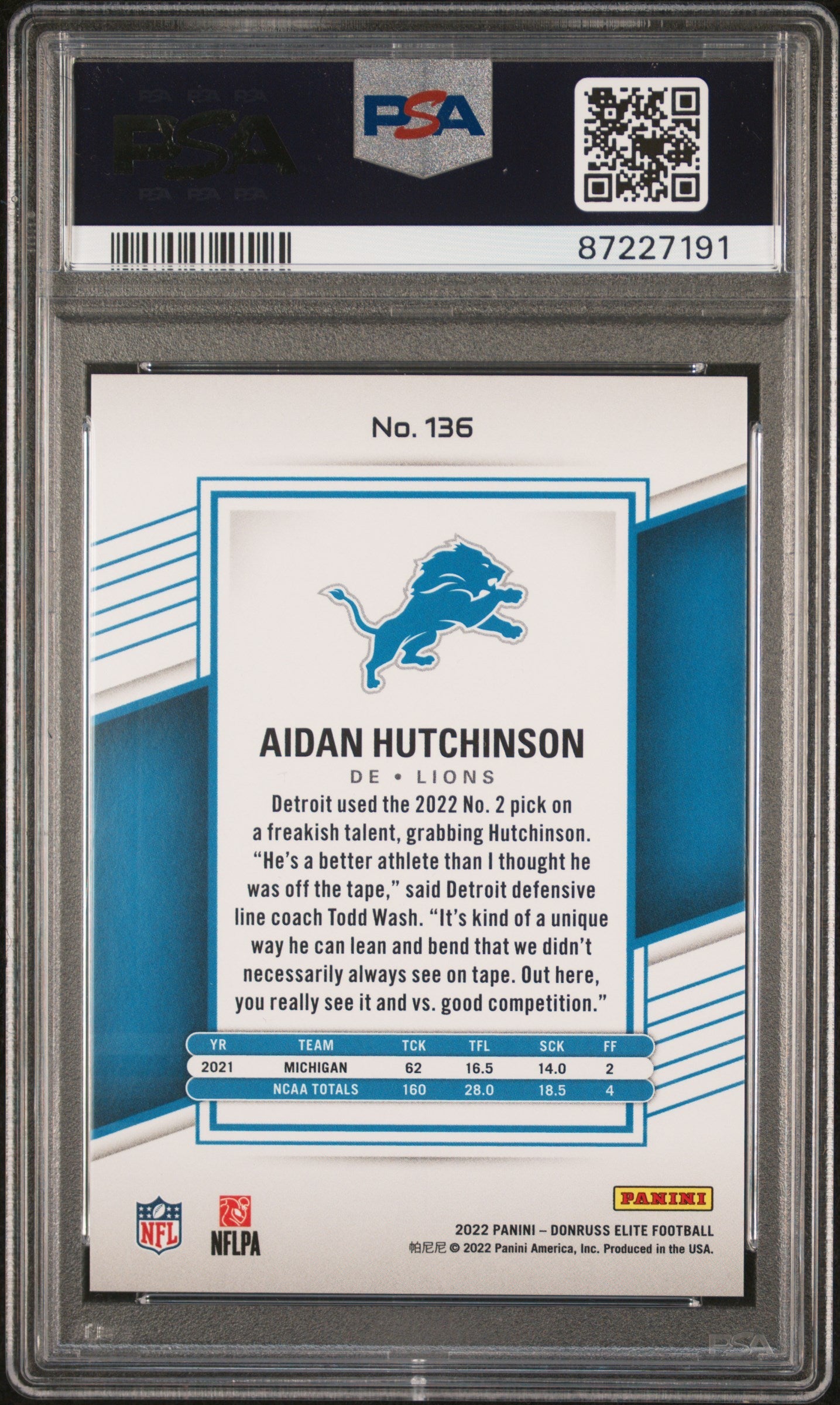 Graded 2022 Panini Donruss Elite Aidan Hutchinson #136 Aspirations Stars Rookie RC Football Card PSA 10