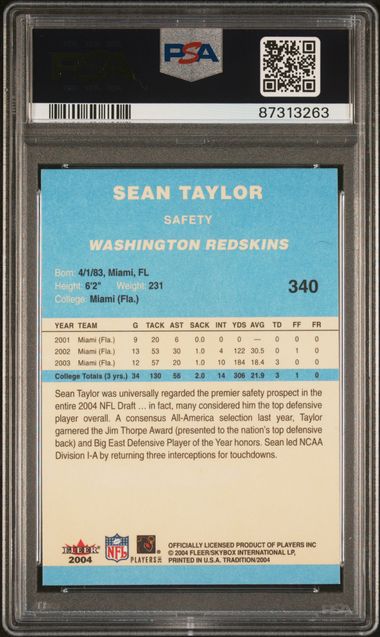 Graded 2004 Fleer Tradition Blue Sean Taylor #340 Rookie RC Football Card PSA 9 Mint