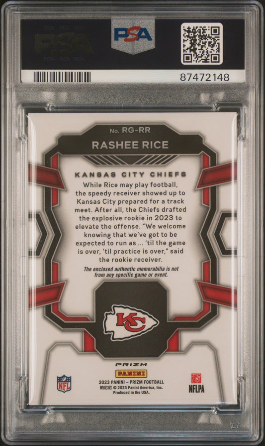 Graded 2023 Panini Prizm Rashee Rice #RGRR Rookie Gear Neon Green Pulsar Rookie RC Football Card PSA 10 Gem Mint